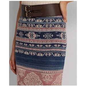 Ralph Lauren Women’s Geo-Motif Linen Cotton Pencil Skirt Pink Blue art geo Sz M